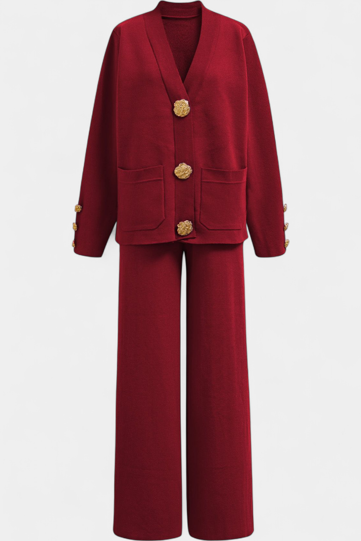 Aireen Classic Cardigan Set with Wide-Leg Trousers