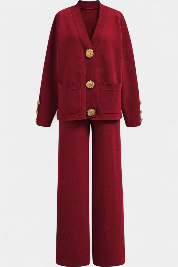 Aireen Classic Cardigan Set with Wide-Leg Trousers