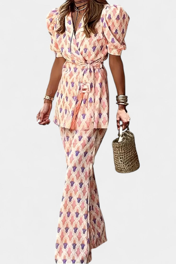 Araceli Tailored Set with Puff Sleeves and Flared Trousers