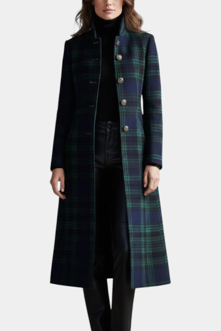 Caterina Vintage-Inspired Midi Coat in Blue-Green Plaid
