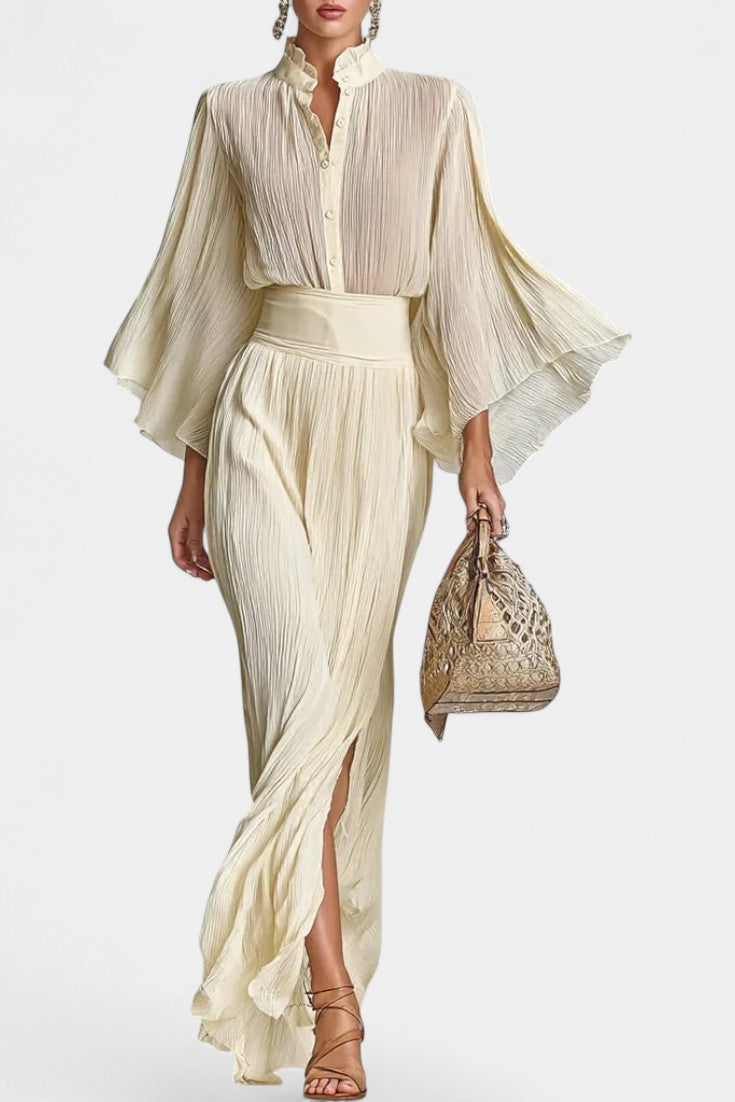 Valentine's Day Two-Piece Ensemble: High-Collar Pleated Top & Long Slit Skirt