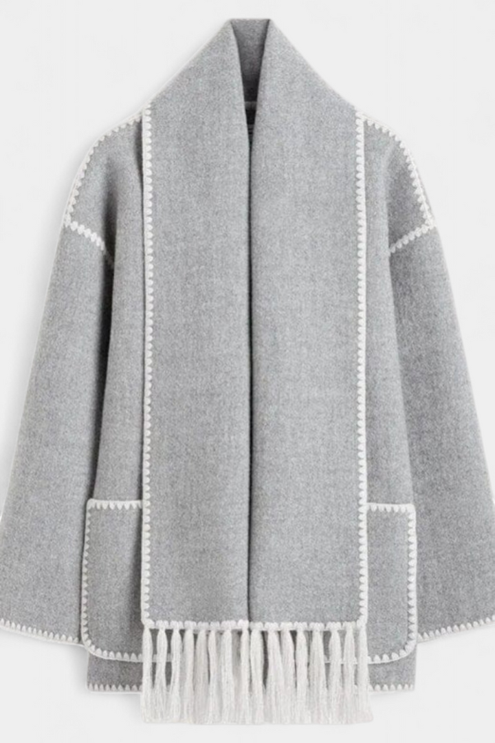 Pauline Coat Featuring Built-In Scarf and Flowing Design