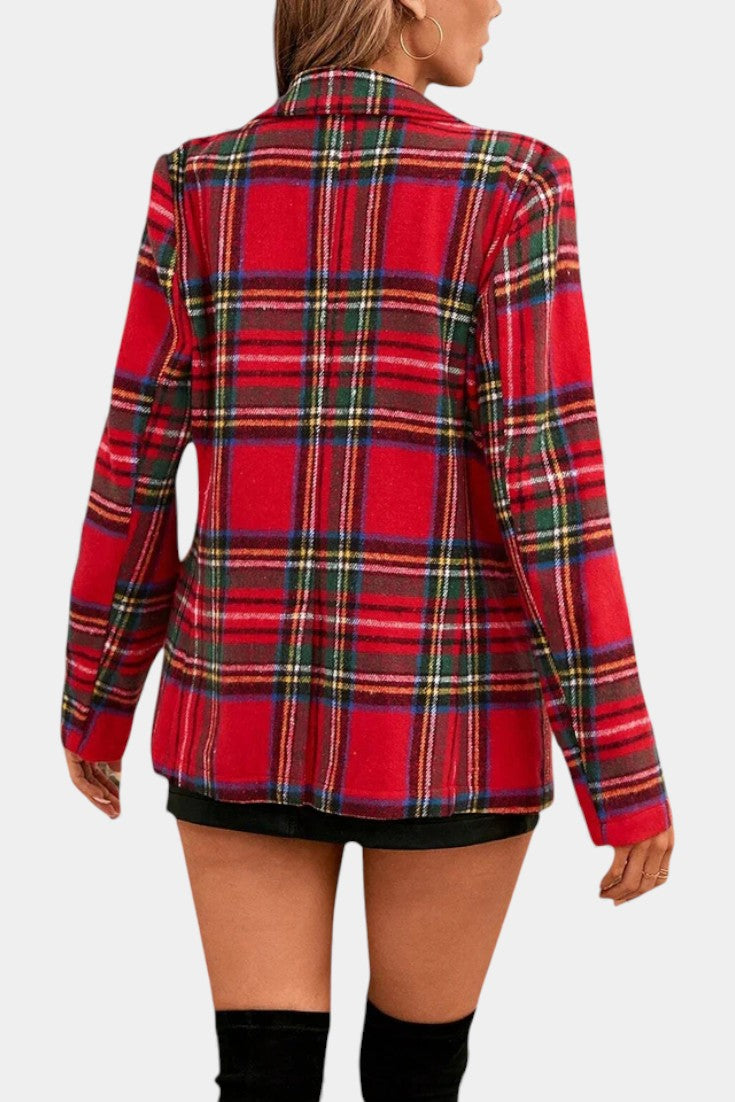 Alvine Long Plaid Blazer featuring Notched Collar and Single Button Fastening