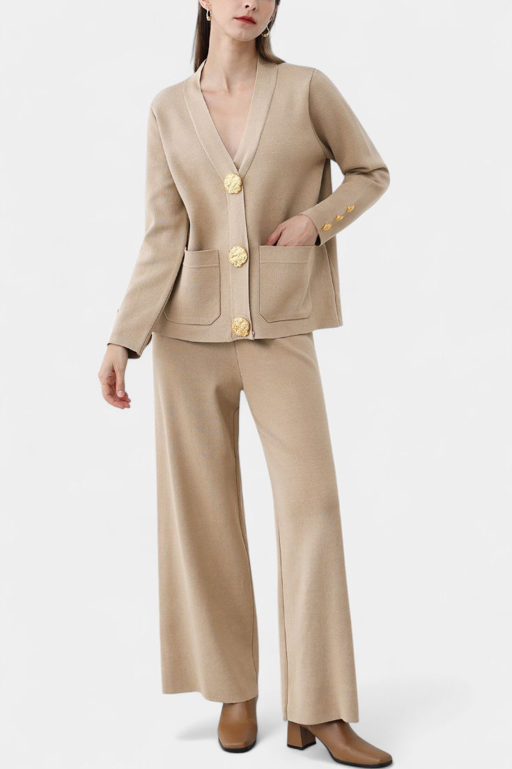 Aireen Classic Cardigan Set with Wide-Leg Trousers