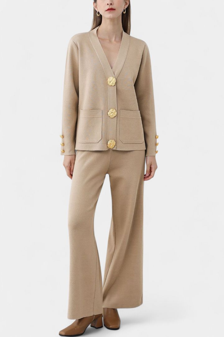 Aireen Classic Cardigan Set with Wide-Leg Trousers