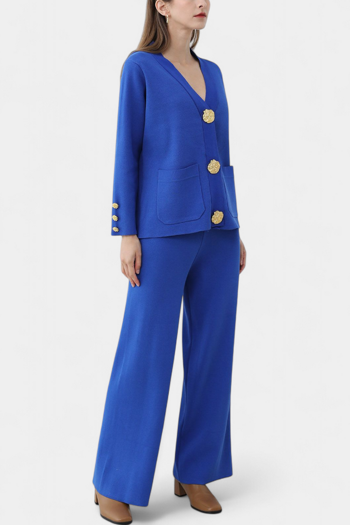 Aireen Classic Cardigan Set with Wide-Leg Trousers