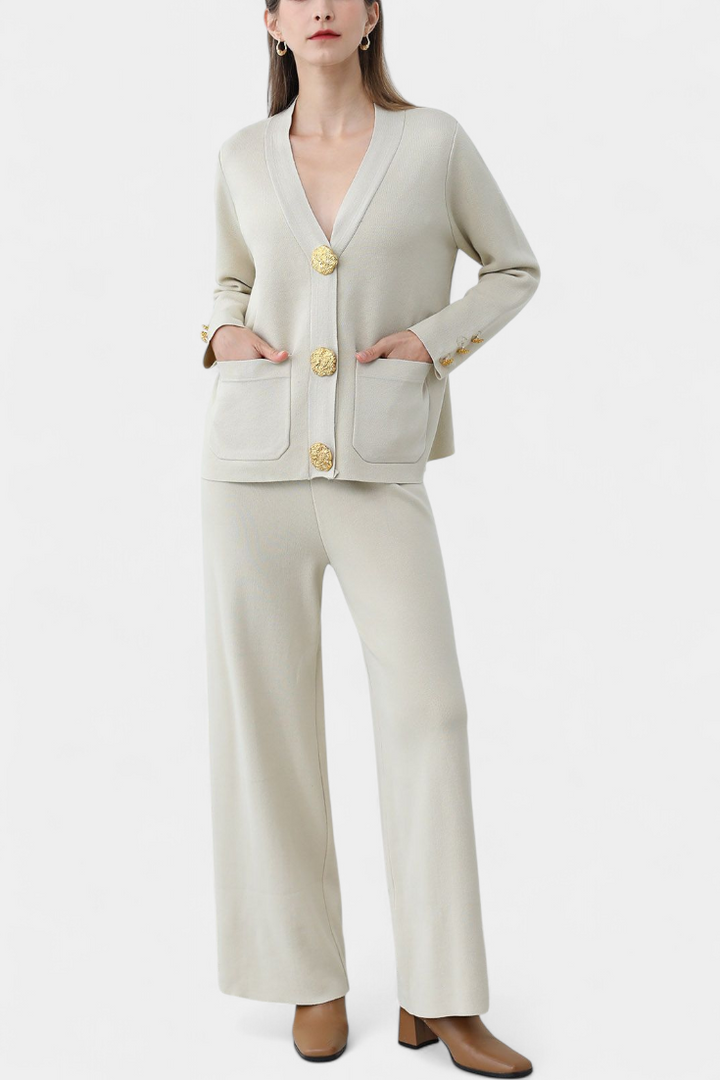 Aireen Classic Cardigan Set with Wide-Leg Trousers