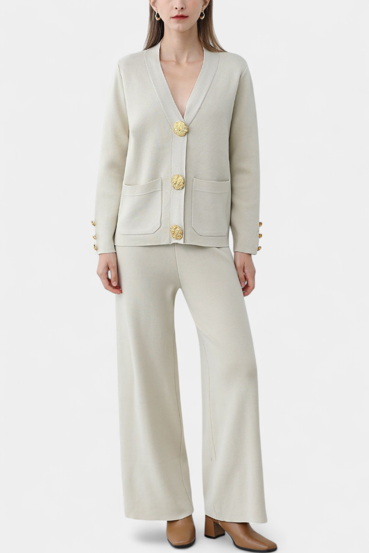 Aireen Classic Cardigan Set with Wide-Leg Trousers