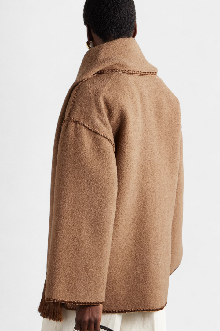 Pauline Coat Featuring Built-In Scarf and Flowing Design