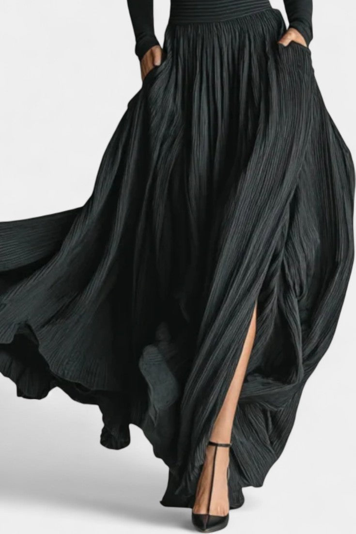 Selara Black High Neck Set with Flowing Pleated Skirt