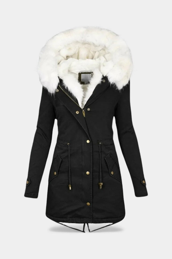 Lanra Faux Fur Trim Hooded Winter Parka with Belt