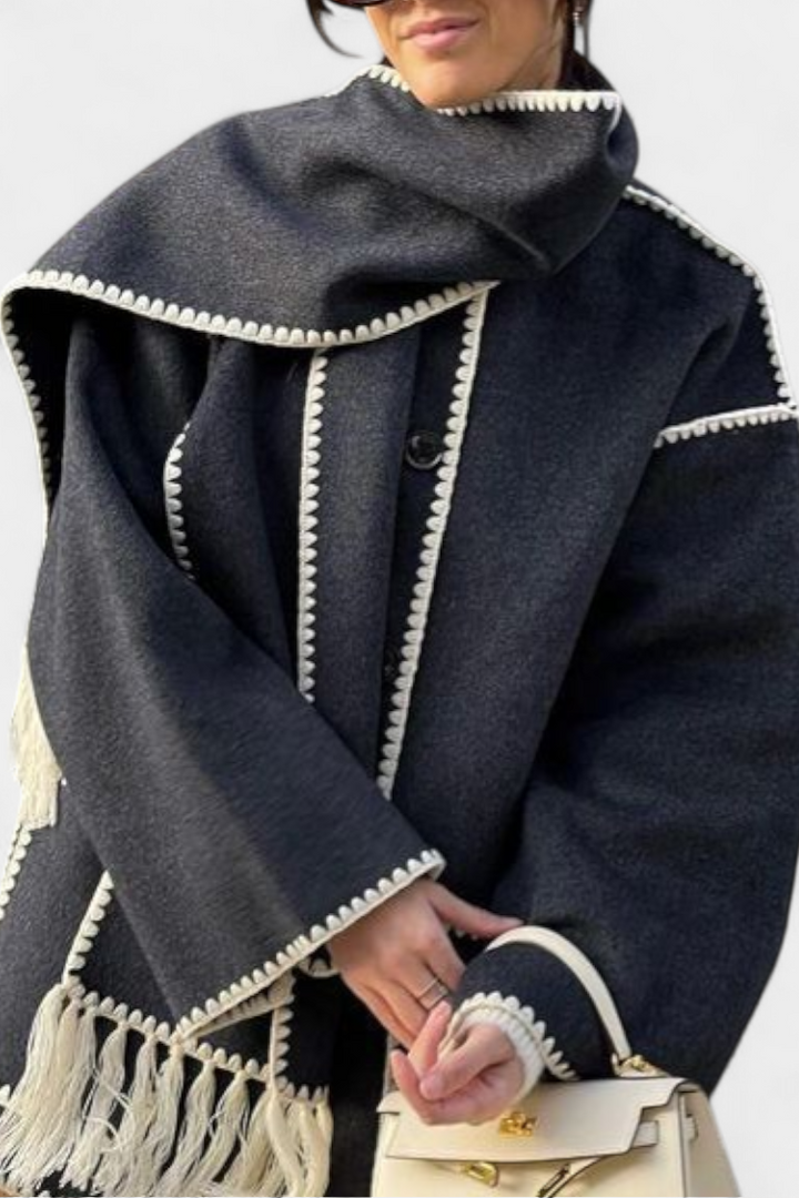 Pauline Coat Featuring Built-In Scarf and Flowing Design