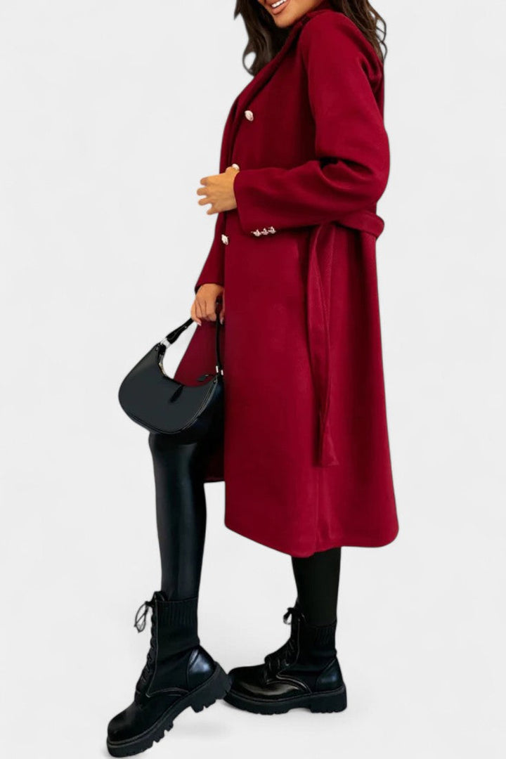 Miguelle Double-Breasted Coat Featuring a Tie Belt