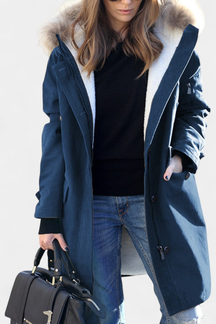 Katell Mid-Length Hooded Parka Featuring Faux Fur Collar