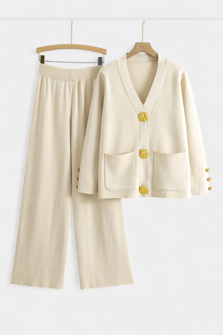 Aireen Classic Cardigan Set with Wide-Leg Trousers
