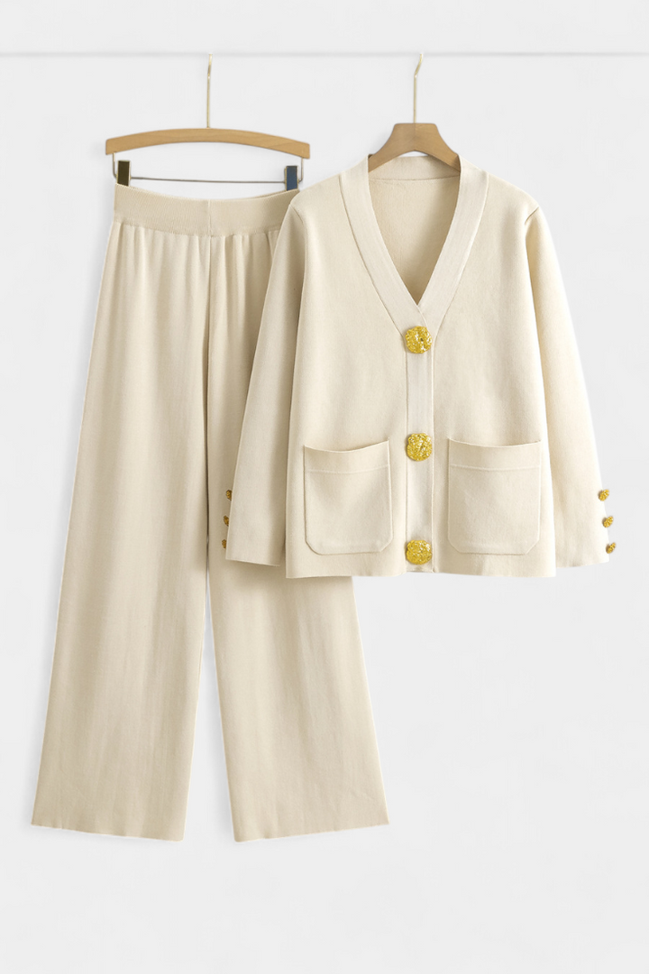 Aireen Classic Cardigan Set with Wide-Leg Trousers