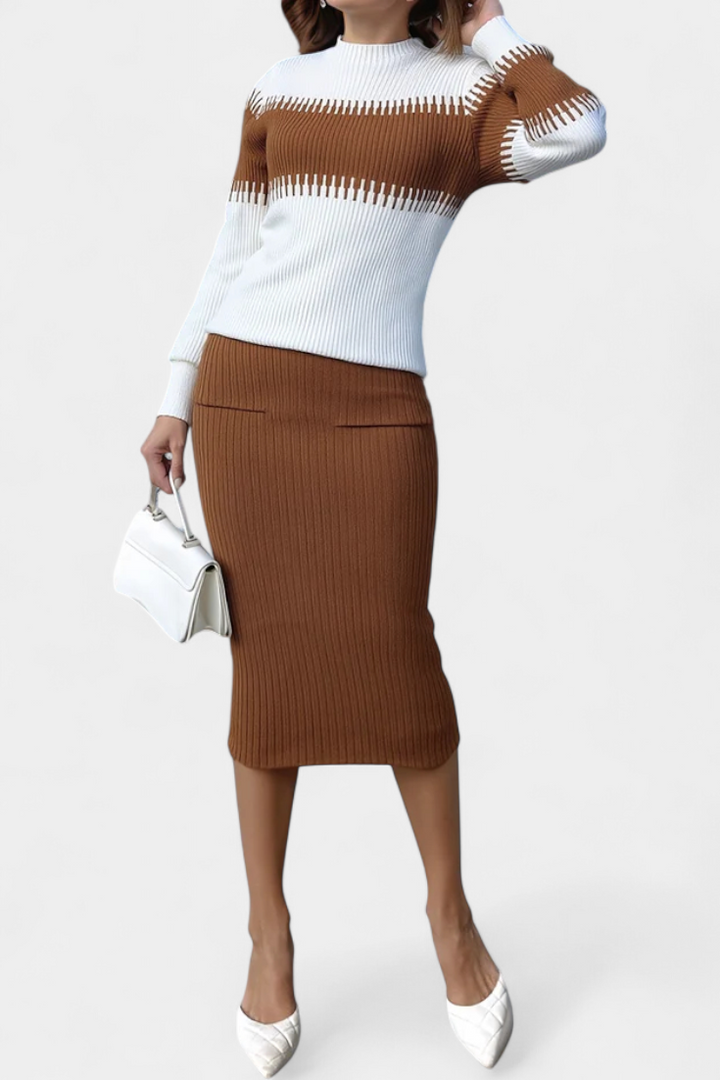 Sidonie Two-Tone Long Sleeve Midi Knit Dress Ensemble