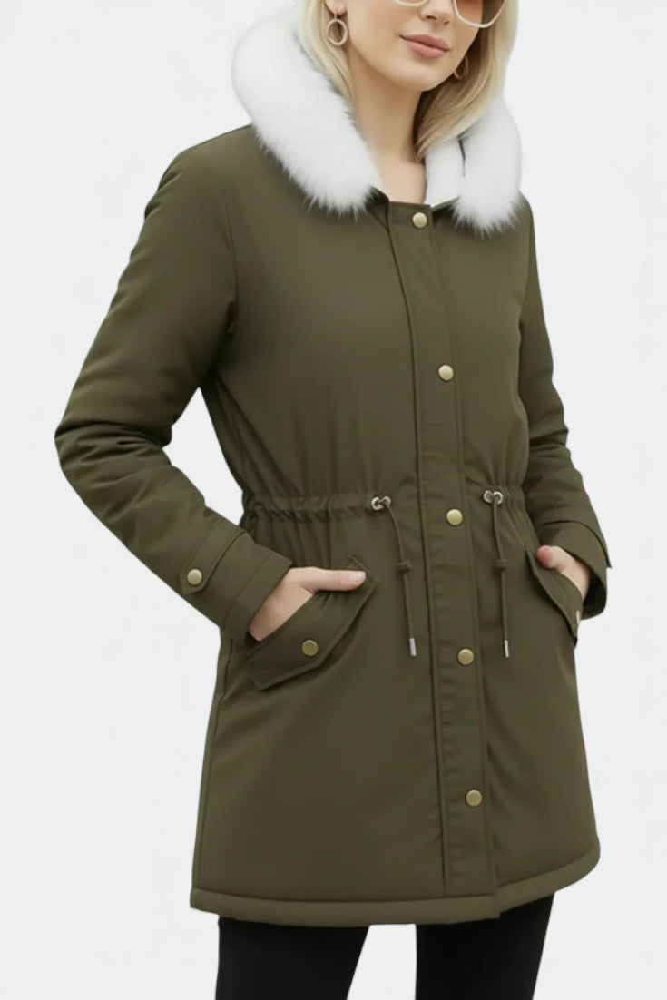 Lanra Faux Fur Trim Hooded Winter Parka with Belt