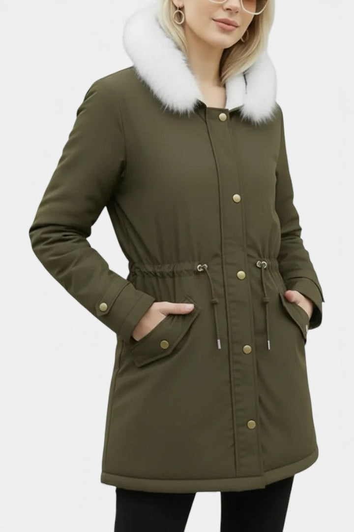 Lanra Faux Fur Trim Hooded Winter Parka with Belt