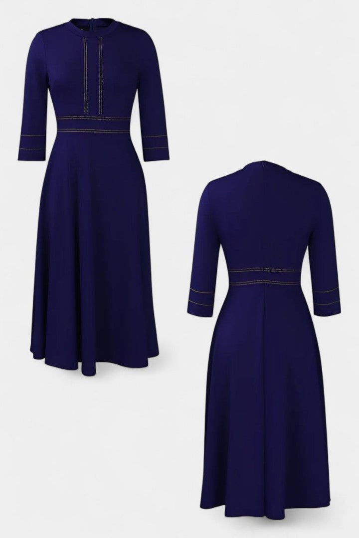Chantal Midi Flared Dress Featuring Round Neck and 3/4 Sleeves