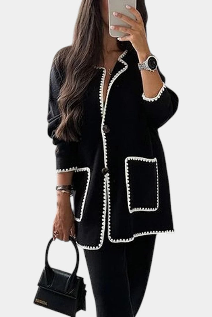 Xandra Two-Piece Ensemble: Trimmed Jacket and Casual Pants Set