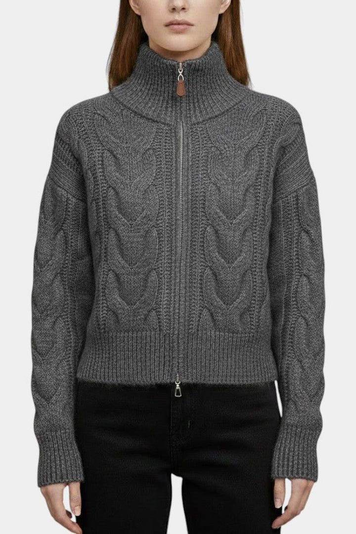 White High-Neck Cable Knit Zip Vest