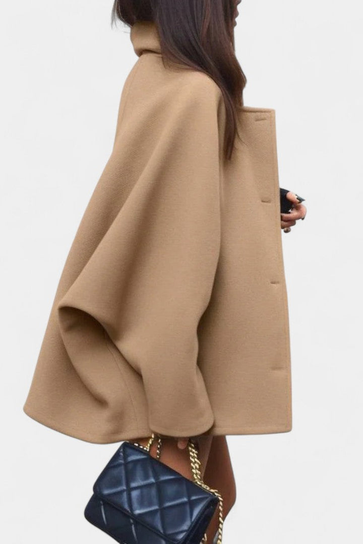 Ambreline Mid-Length Wool Batwing Coat featuring Notch Collar
