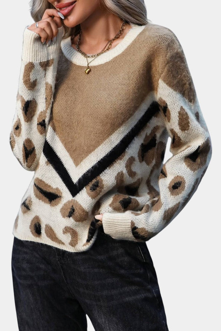 Leopard Print Ginette Sweater with Bold Stripes