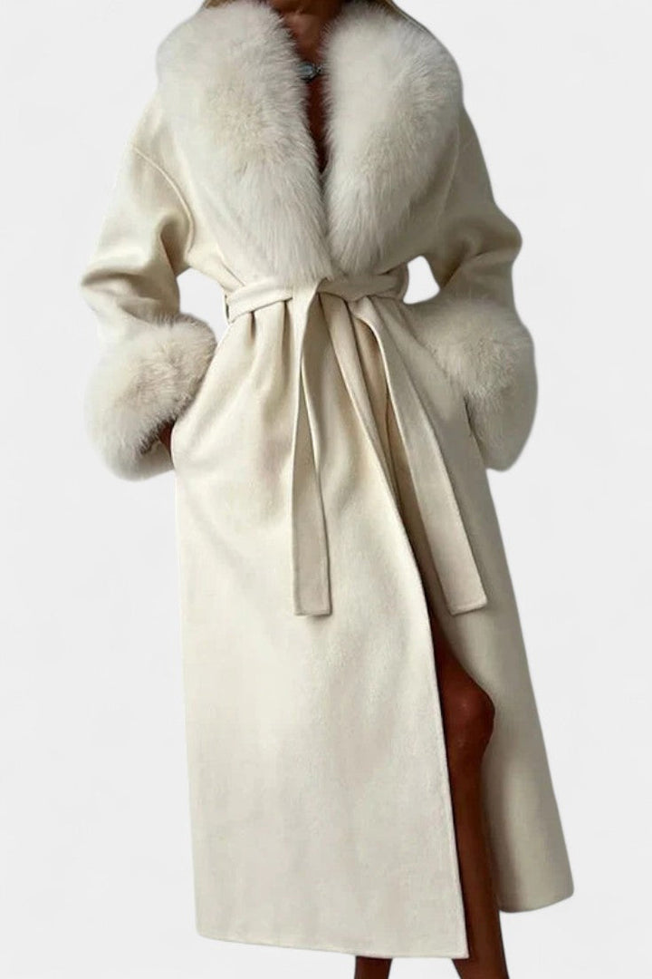 Lalie Long Coat with Belt and Faux Fur Trim
