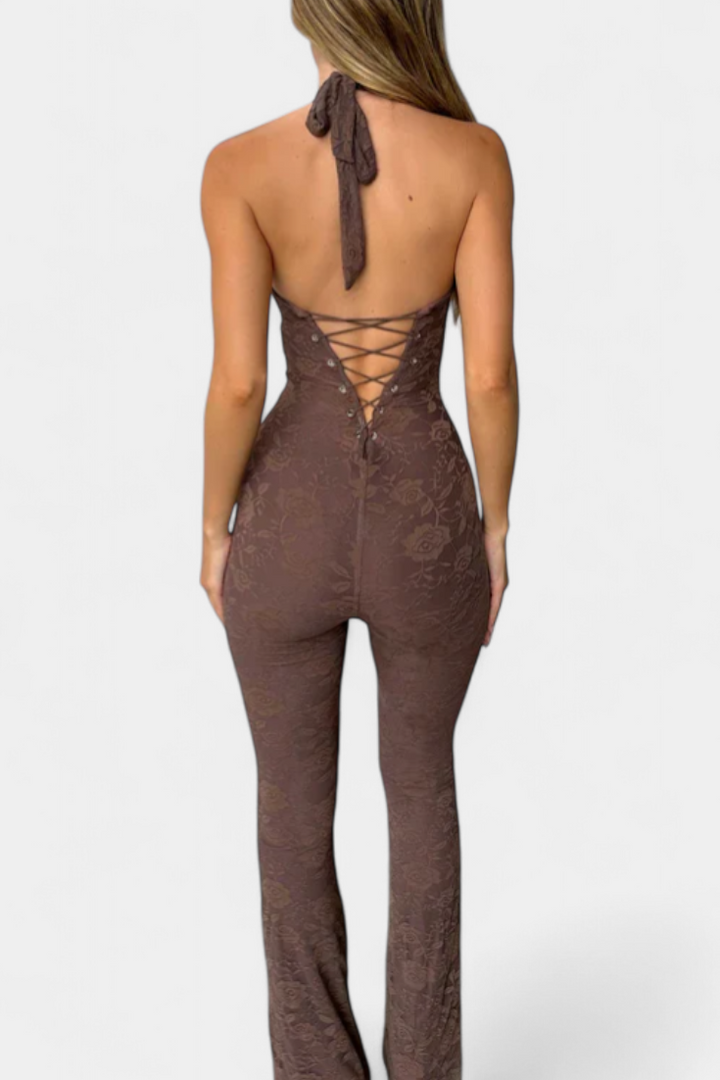 Kendra Floral Lace Halter Jumpsuit Featuring an Open Back
