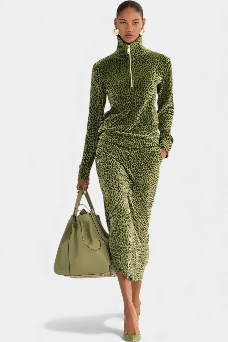 Avdotya Retro Leopard High Collar Ensemble