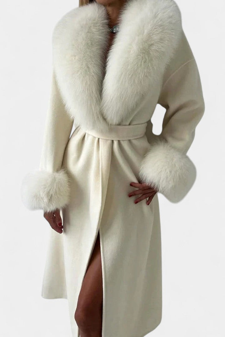 Lalie Long Coat with Belt and Faux Fur Trim