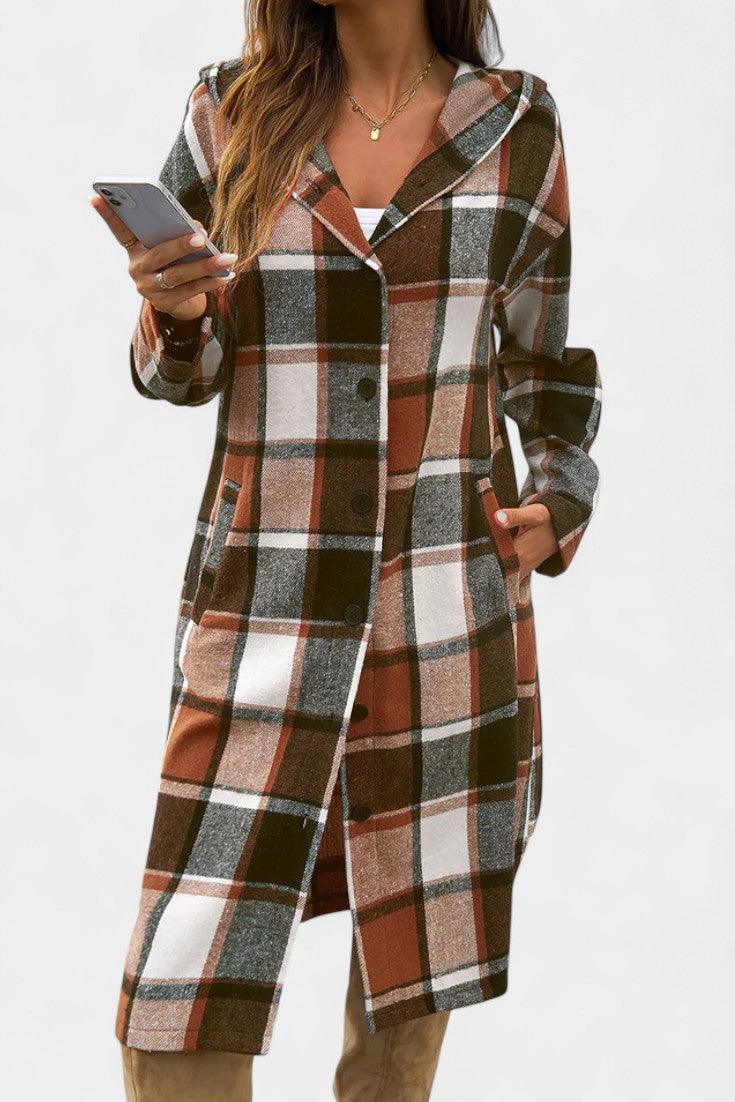 Sandrine Hooded Jacket with Button Closure in Brushed Check Design