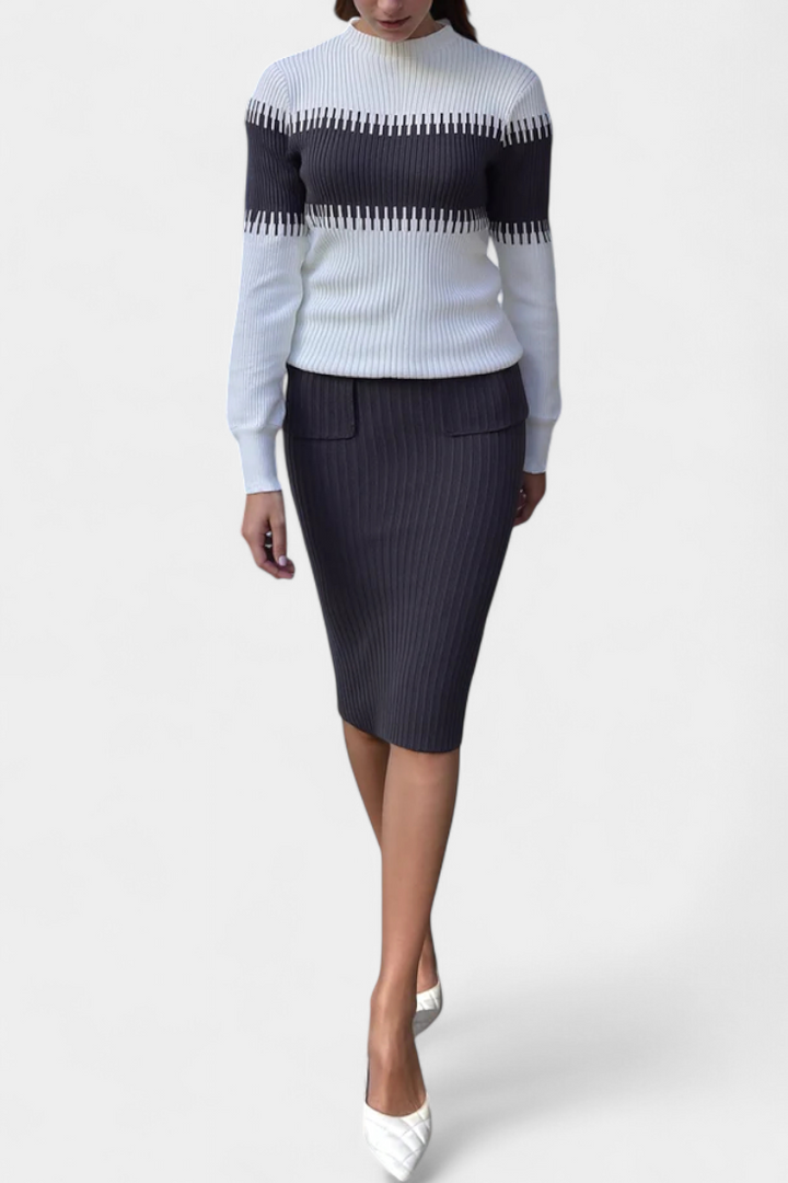 Sidonie Two-Tone Long Sleeve Midi Knit Dress Ensemble