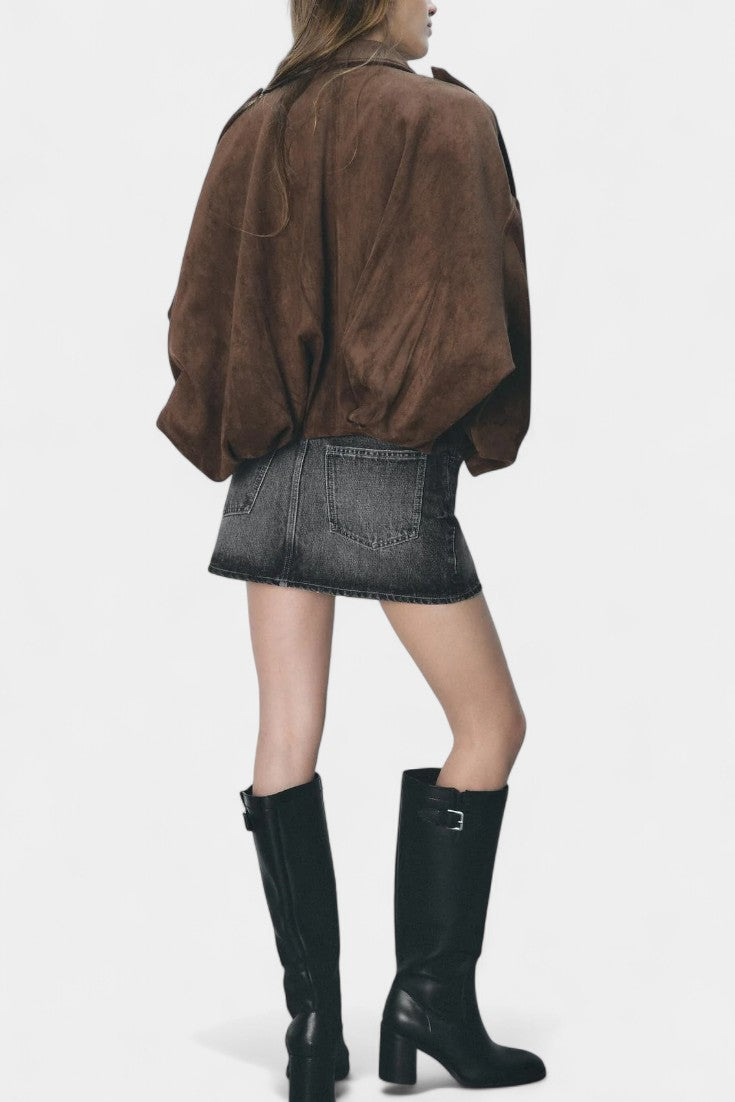 Monnie Oversized Suede Bomber Jacket with Tailored Shoulders