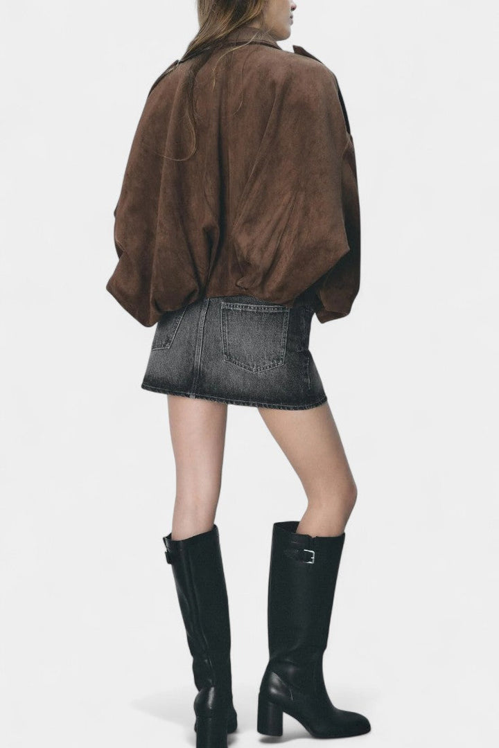Monnie Oversized Suede Bomber Jacket with Tailored Shoulders