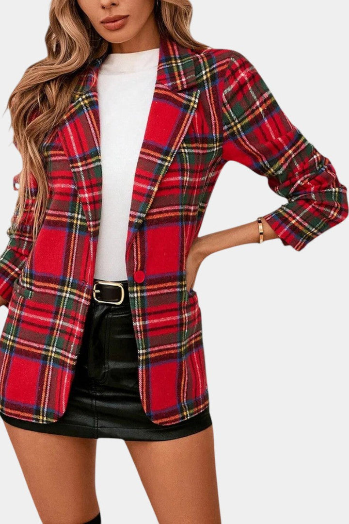 Alvine Long Plaid Blazer featuring Notched Collar and Single Button Fastening