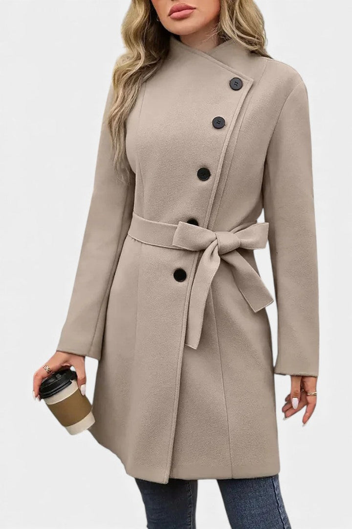 Yuliana Long Button-Up Coat with Adjustable Waist Tie
