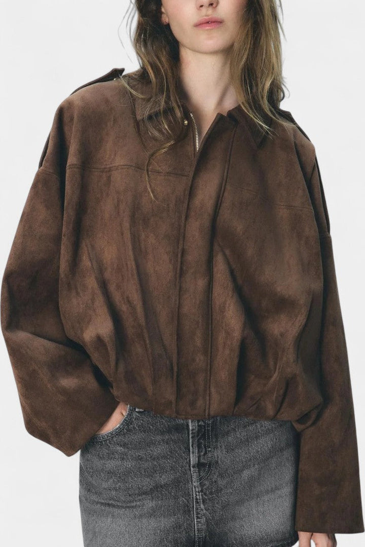 Monnie Oversized Suede Bomber Jacket with Tailored Shoulders