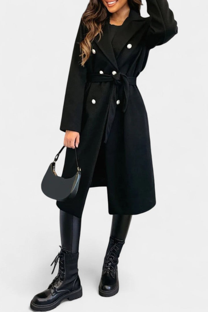 Miguelle Double-Breasted Coat Featuring a Tie Belt