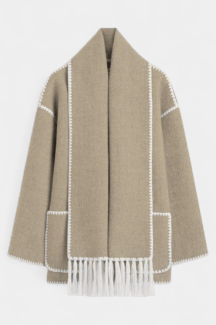 Pauline Coat Featuring Built-In Scarf and Flowing Design