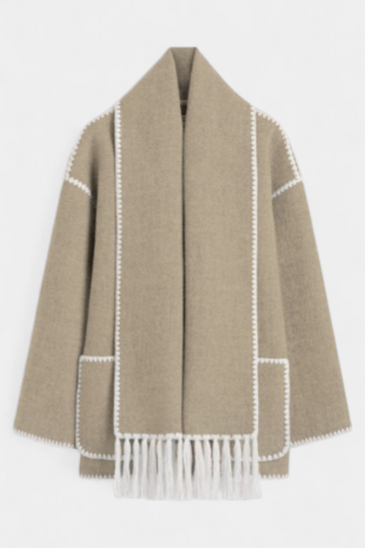 Pauline Coat Featuring Built-In Scarf and Flowing Design