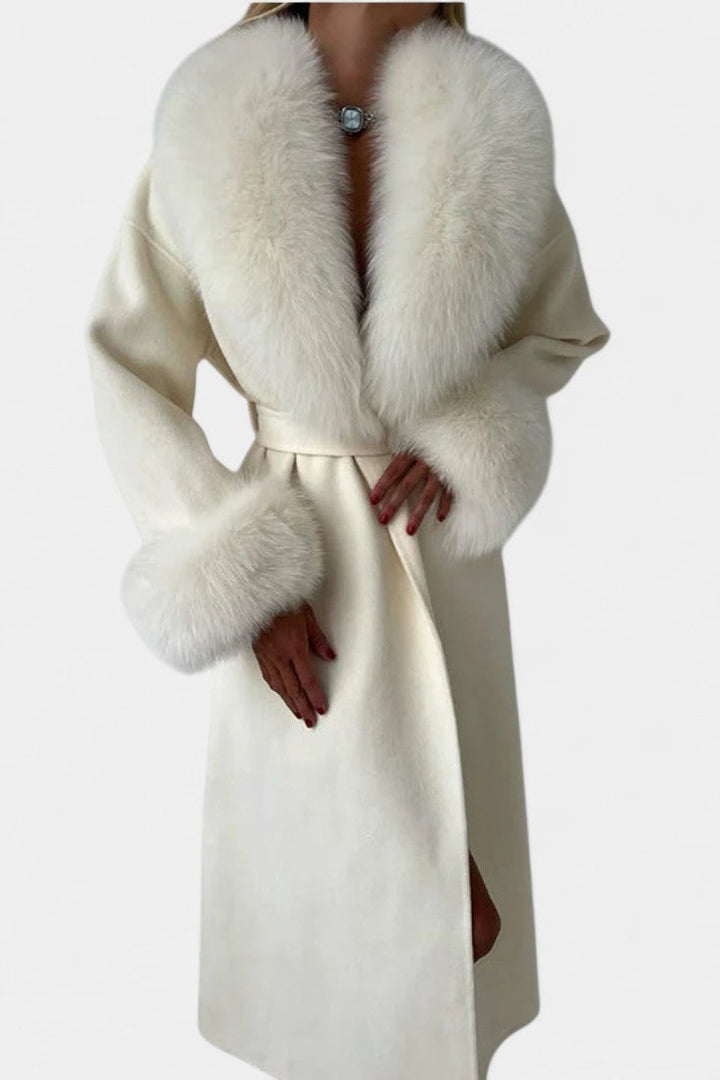 Lalie Long Coat with Belt and Faux Fur Trim