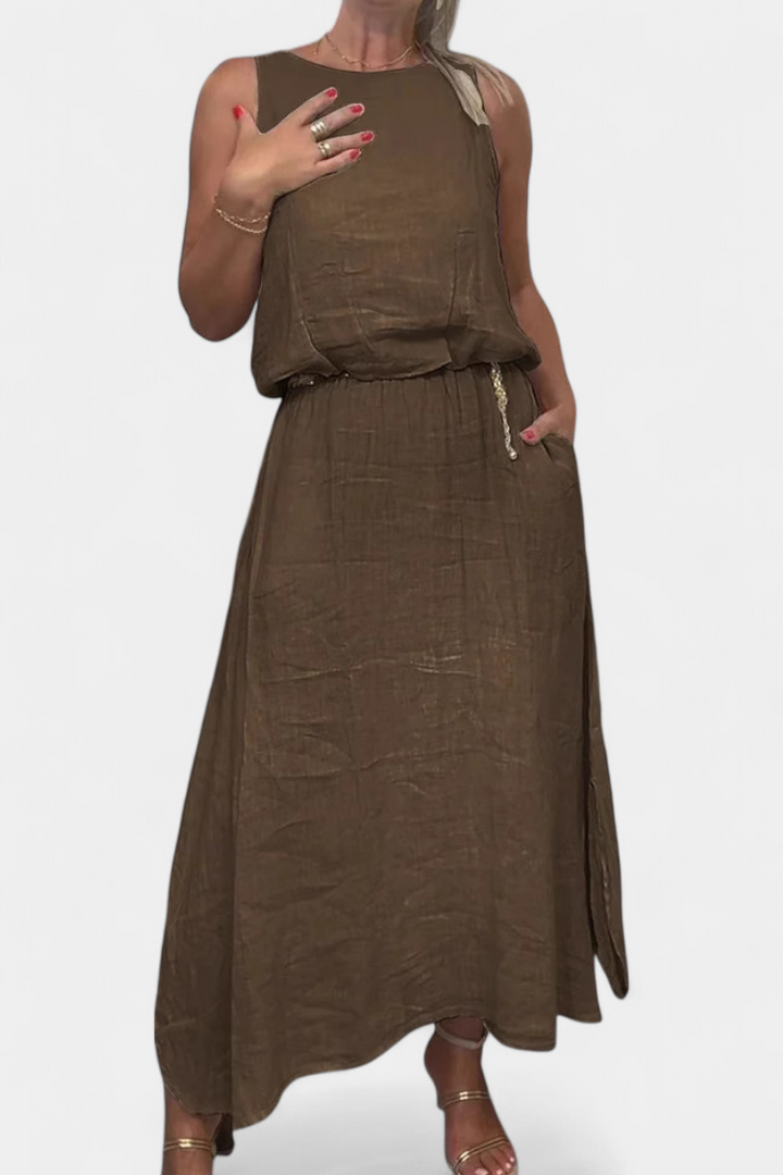 Meliora Linen-Cotton Set with Sleeveless Vest and Maxi Skirt