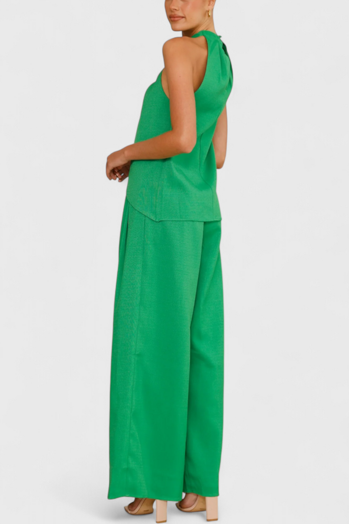 Bernadina Linen Ensemble: Front Neckline Top with Wide Leg Pants
