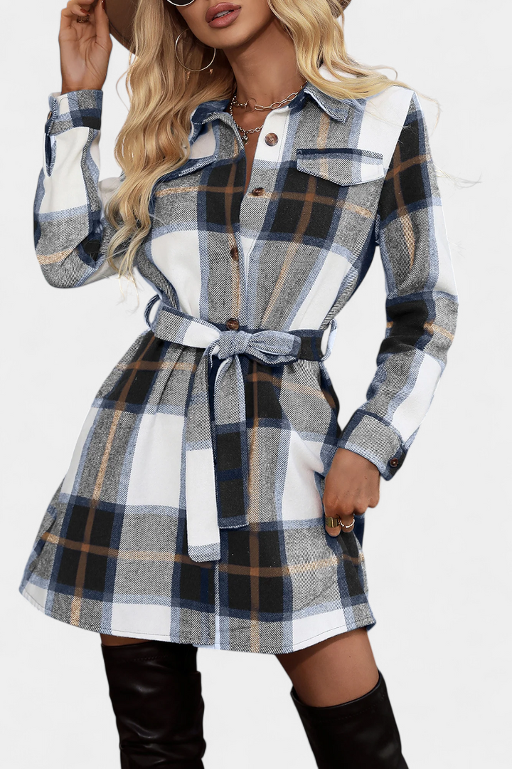 Masia Adjustable Belt Mini Check Shirt Dress