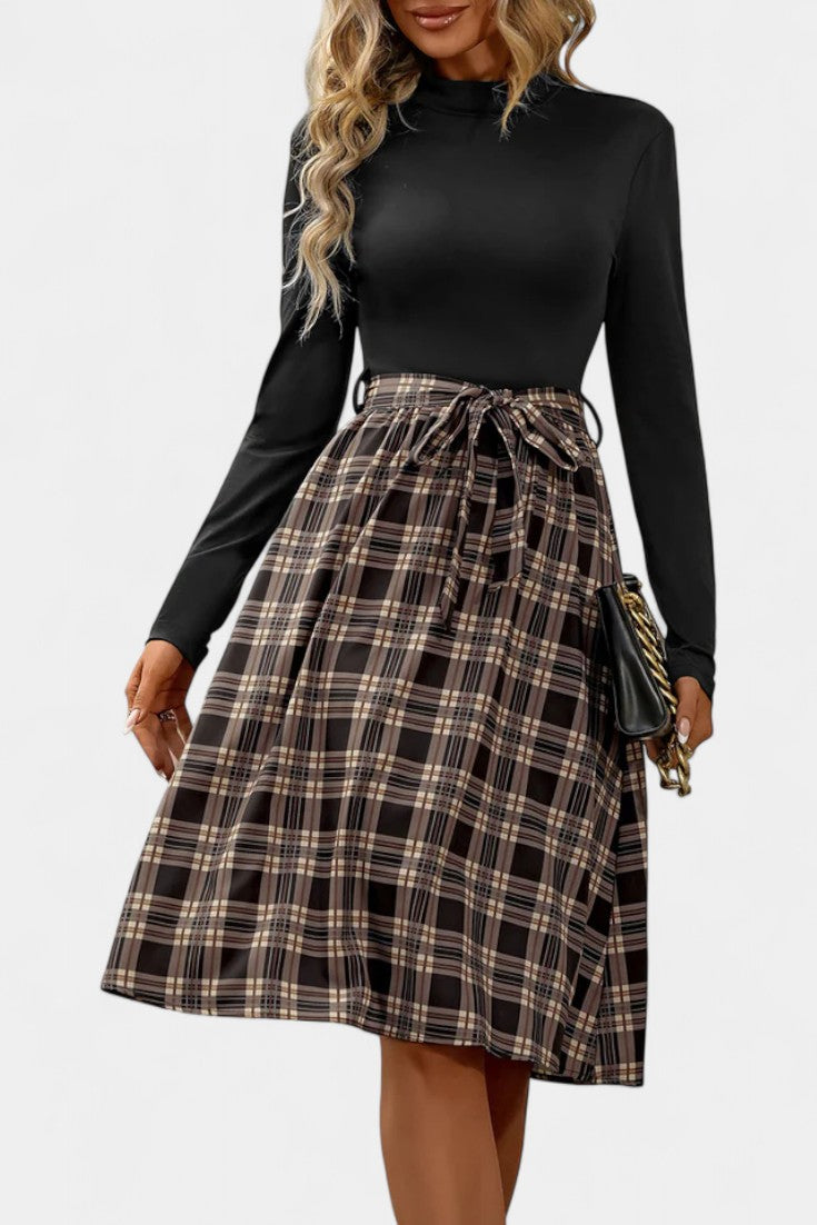 Orlane High-Collar A-Line Dress in Patchwork Check with Long Sleeves