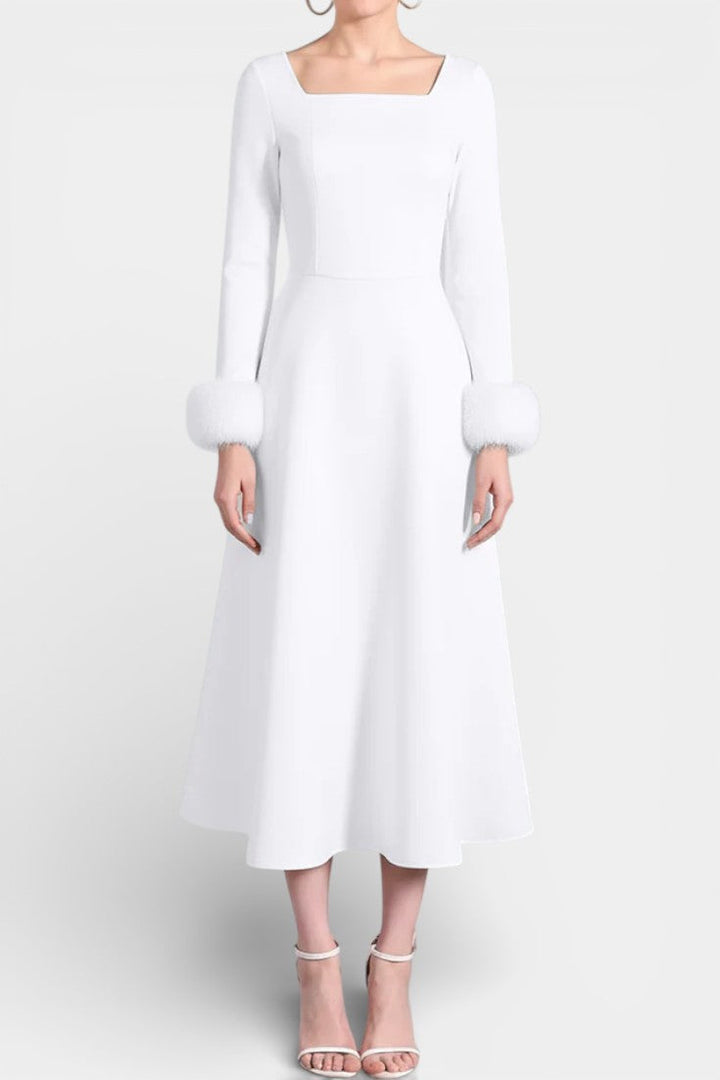 Alicia Square Neck Flared Dress with Patchwork Faux Fur Sleeves