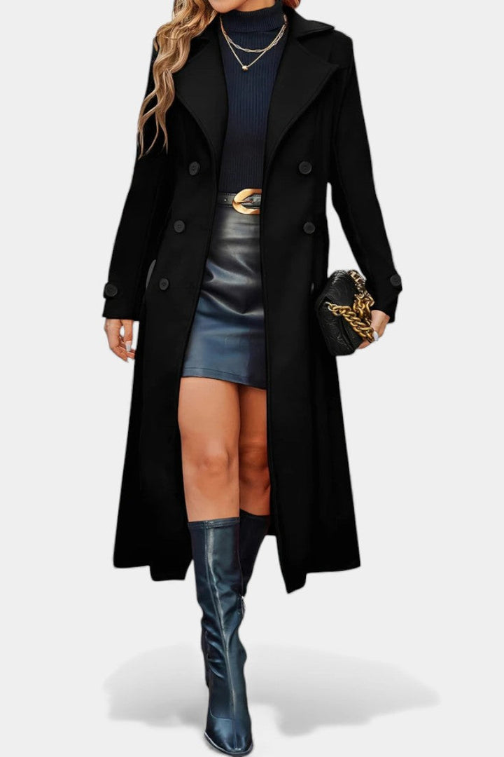 Naïssa Long Double-Breasted Coat with Notched Lapels