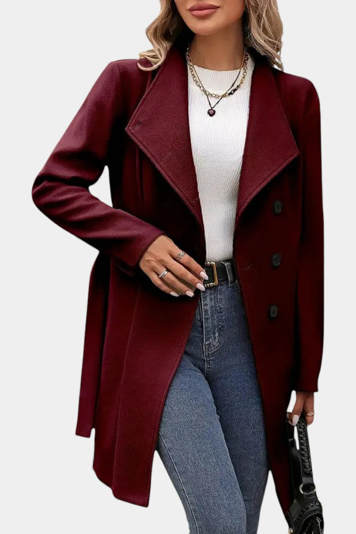 Yuliana Long Button-Up Coat with Adjustable Waist Tie